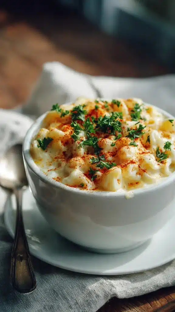 Stovetop Creamy Mac and Cheese served in a bowl with parsley garnish