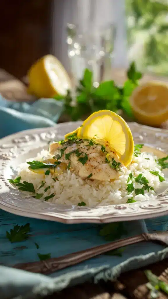 Lemon herb chicken and rice served with lemon garnish