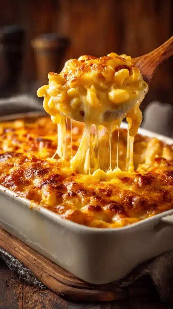 Serving baked mac and cheese on plate with melted cheese