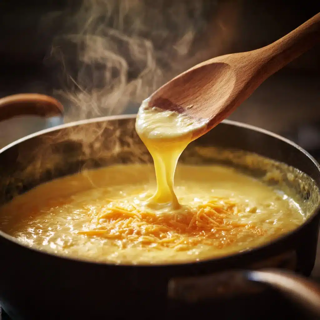 Stirring creamy cheese sauce in saucepan for mac and cheese