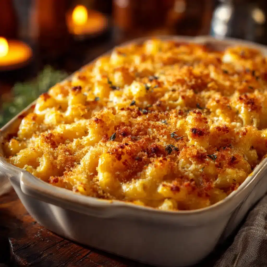 Golden baked mac and cheese in casserole dish fresh from oven