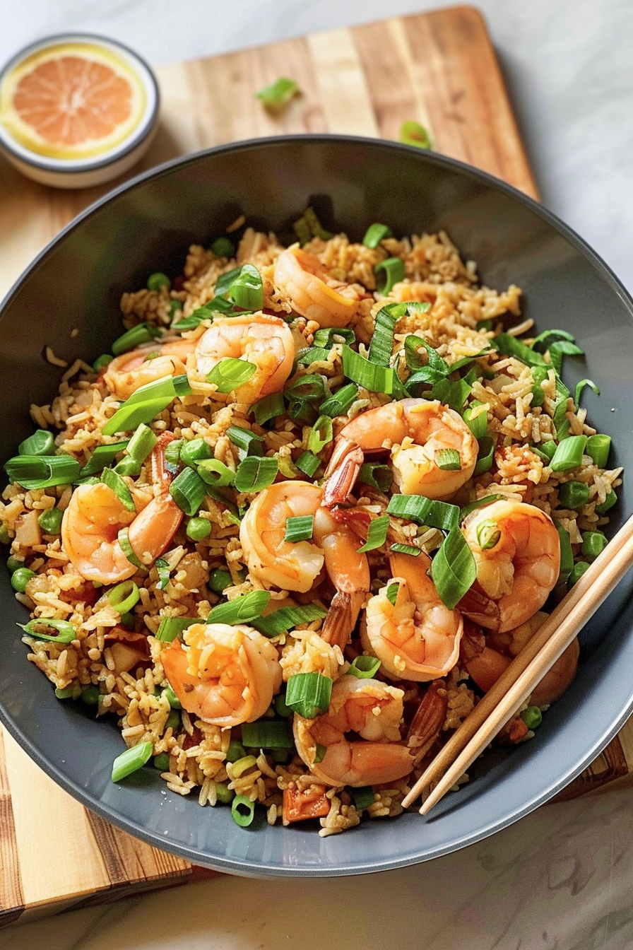 Shrimp fried rice in a wok with scallions and vegetables